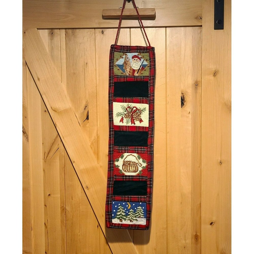 Christmas Fishing Santa Needlepoint Wall Hanging Red Plaid Fishing Basket , Pine